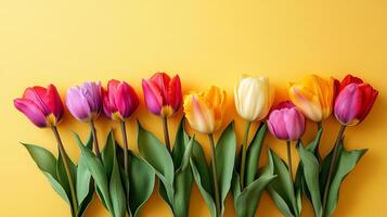 A vibrant arrangement of colorful tulip flowers displayed on a sunny yellow backdrop, capturing a sense of springtime freshness. photo
