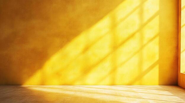 Sunlight streams through a window, casting geometric shadows on a yellow plaster wall, creating a warm, inviting atmosphere with bright colors. photo