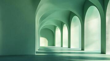 Arched corridor with light and shadow play, serene and architectural, with an airy feel and minimalist design in a monochromatic color. photo