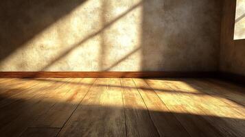 Sunlight streams through a window, casting shadows on the wood floor and textured wall. The light warms the room, creating cozy atmosphere. photo