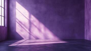 A purple-toned room features strong sunlight streaming through a window, creating distinct shadows and an interplay of light and darkness. photo
