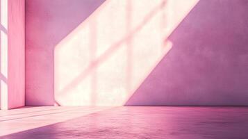 An empty pink room bathed in sunlight casting a grid pattern on the wall and floor. A minimalist indoor scene with light and shadow. photo
