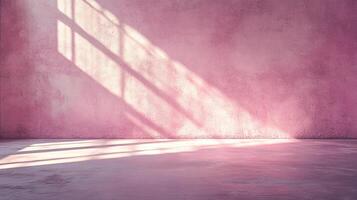 Sunlight streams through a window, casting shadows on a textured pink wall. The floor reflects the ambient light in a soft, inviting space. photo