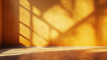 Sunlight streams through a window, casting shadows on the golden wall and wooden floor, creating a warm and inviting atmosphere. photo