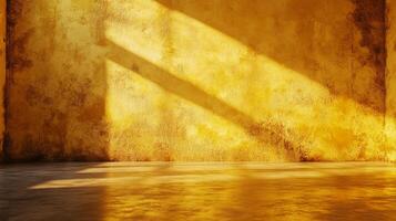 Sunlight streams into a distressed, aged room, casting shadows and highlighting the textured walls and floor in golden hues. photo