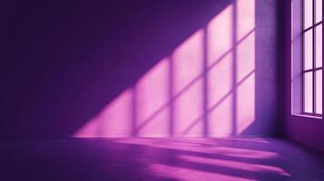 Sunlight creates geometric shapes on purple wall, emphasizing architectural form, casting shadows. Captivating interplay of light and darkness. photo