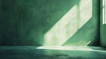 Green room with sunlight streaming through a window, creating shadows on the wall and floor creating a serene and minimalist setting. photo