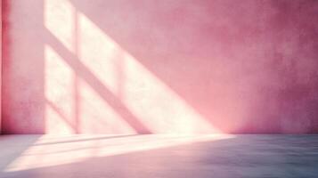 Minimalist pink room with soft light. A tranquil and serene indoor space with a textured wall and simple geometric shadow patterns. photo
