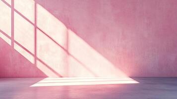 Sunlight streams through a paneled window, creating an abstract geometric pattern on a pale pink wall and concrete floor. Bright and peaceful. photo