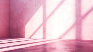 A pink room corner bathed in sunlight, casting geometric shadows across the wall and floor, creating an inviting, soft ambiance. photo