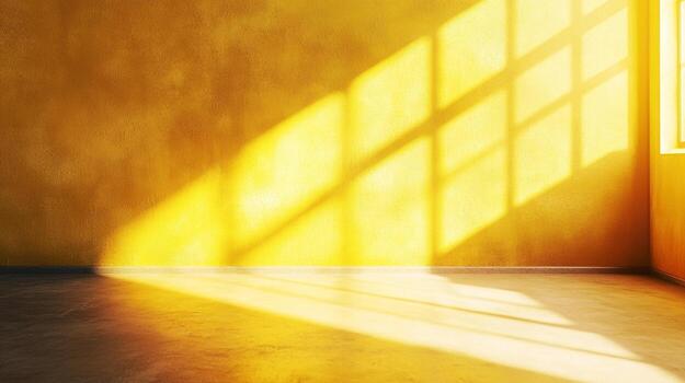 Sunlight streaming through a window casts geometric shadows on a yellow wall, creating an abstract and warm ambiance in the corner of a room. photo