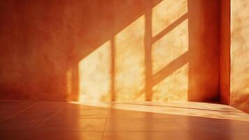 Sunlight streams through windows onto an orange wall and tiled floor, creating a warm and inviting ambiance with geometric light patterns. photo