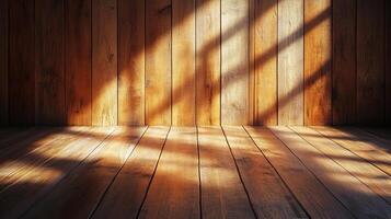 Sunlight streams into an empty wood paneled room, creating an interesting pattern of light and shadow on the floor and wall. photo