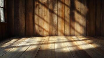 Sunlight streaks across weathered wooden planks in an empty room, creating a warm, rustic atmosphere. The light adds depth and texture. photo