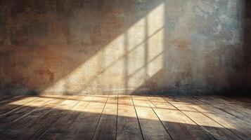 Sunlight streams through a window onto a textured wall and worn wooden floor, creating a serene and atmospheric interior space. photo