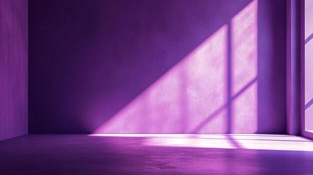 An empty room awash in a singular purple hue, illuminated by a bright window creating a striking pattern of light and shadow on the wall. photo