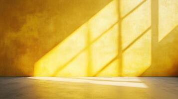 Sunlight streaks across a yellow wall, creating an abstract pattern. The light illuminates the room, casting bright and warm tones. photo