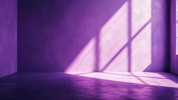 Purple room with sunlight creating geometric patterns, light and shadow create depth and texture in a minimalistic, abstract indoor setting. photo