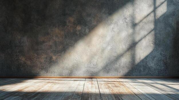 Sunlight streams through a window illuminating a textured wall and weathered wooden floor creating an atmosphere of quiet simplicity. photo