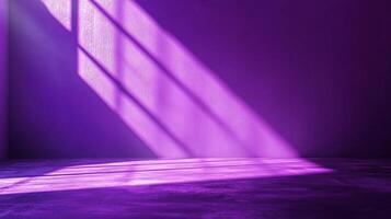 Purple room illuminated by natural sunlight streaming through a window, creating bright geometric patterns on the wall and floor. photo