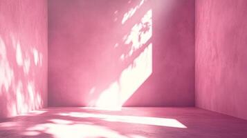 A pink-toned room with sunlight casting leaf shadows on the wall and floor creating a serene and inviting atmosphere for creative pursuits. photo