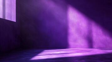 A room bathed in purple light, beams streaming from a window, casting a surreal, vibrant ambiance in the dark space, creating light and shadow. photo