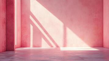 Sunlight casts a bright, angled pattern across a pink room. The space is stark and modern, emphasizing light and color. photo