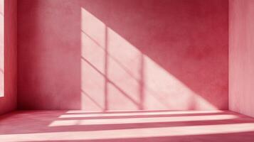 Minimalist pink room with window light creating geometric shadow patterns on wall and floor, soft and inviting ambiance, ideal for contemplation. photo