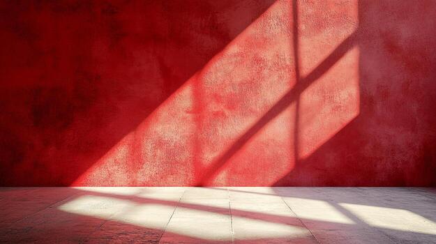 Bright light from a window casts geometric shadows on a textured red wall, creating a simple and striking architectural background. photo