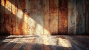 Rustic wooden planks form the wall and floor, illuminated by sunbeams streaming into the room, highlighting the textures and warm tones. photo