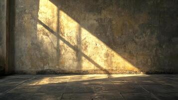 Sunlight streams through a window, casting a pattern on a weathered wall and floor, creating a serene, contemplative atmosphere. photo