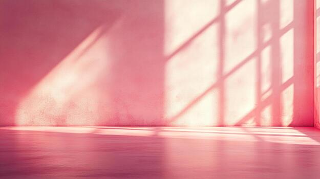 A serene pink room with sunlight streaming through a window, casting geometric shadows on the wall and floor, creating a calming atmosphere. photo