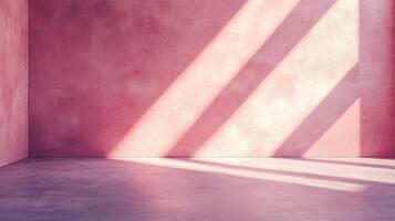Empty pink room with sunlight streaming in through a window, casting shadows across the wall and floor, creating a calm atmosphere. photo