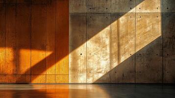 Abstract composition of light, wood, and concrete featuring contrasting textures and a dynamic play of shadows and golden sunlit space. photo