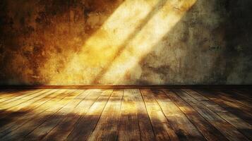 Sunlight illuminates a rustic room with an aged wall and worn wooden floor, creating a warm, vintage atmosphere. Evokes nostalgia and charm. photo