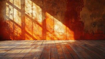 Sunlight streams through unseen windows, casting shadows across a textured wall and wooden floor, creating a warm and inviting atmosphere. photo