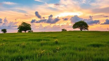 tranquil rural background of an open field with scattered trees photo