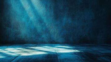 Abstract blue backdrop featuring light rays and textured surface, creating depth and a sense of mystery. Interior space background. photo