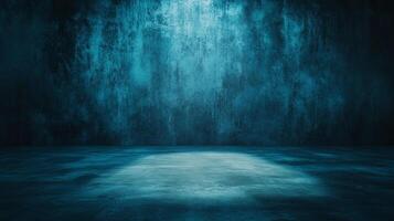 An enigmatic teal and blue space with textured walls and floor, bathed in soft, directed lighting for a mysterious atmosphere. photo