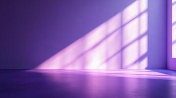 A purple-toned room is illuminated by sunlight, creating a striking geometric pattern on the wall and floor, with a focus on light and shadow. photo