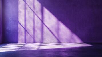 Minimalist purple room interior with striking shadows. Sunlight streams through a window, creating dynamic lines across the wall and floor. photo