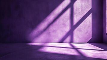 A purple room bathed in geometric shadows, a minimalist stage where light paints abstract art on textured walls and floors, creating depth. photo