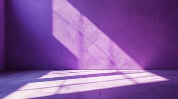 Illuminated purple room corner. Sunlight streaks across textured wall and floor, creating strong diagonal light and shadow patterns. photo
