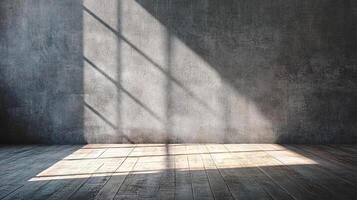 Sunlight streams through a window, casting shadows on a weathered wall and wooden floor, creating a study of light and texture. photo