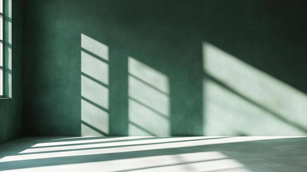 Sunlight streams into a minimalist, green room, creating contrasting shadows and highlighting the textured walls, evoking serenity and simplicity. photo