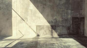 Concrete room with harsh lighting and a cubist aesthetic showing angular planes and geometric shapes creating a sense of isolation. photo
