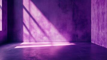 An empty purple room is illuminated by stark sunlight streaming in from an unseen window, creating shadows and highlights on the textured walls. photo