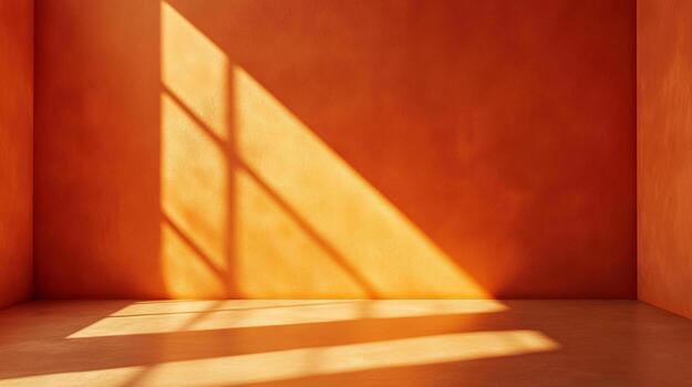 An orange room basks in sunlight, shadows creating an interplay of light and shade, adding depth and intrigue to the empty interior. photo