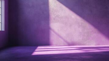 A purple room is illuminated by light streaming through a window, creating a serene and minimalist interior setting. Purple hues dominate. photo