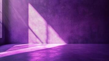 A textured purple room is illuminated by streaming sunlight, casting geometric shapes across the wall and floor, creating a captivating visual. photo